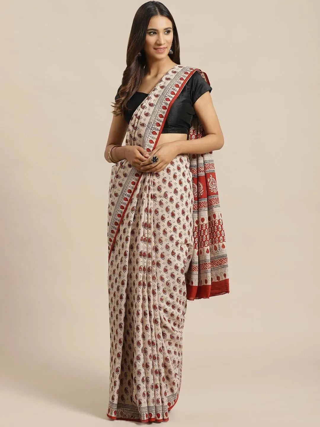 Beige Printed Cotton Saree