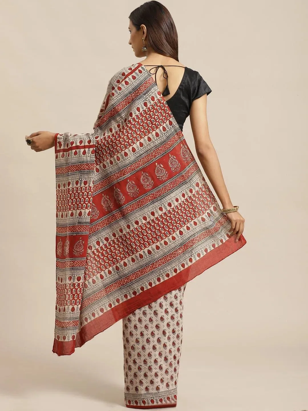 Beige Printed Cotton Saree