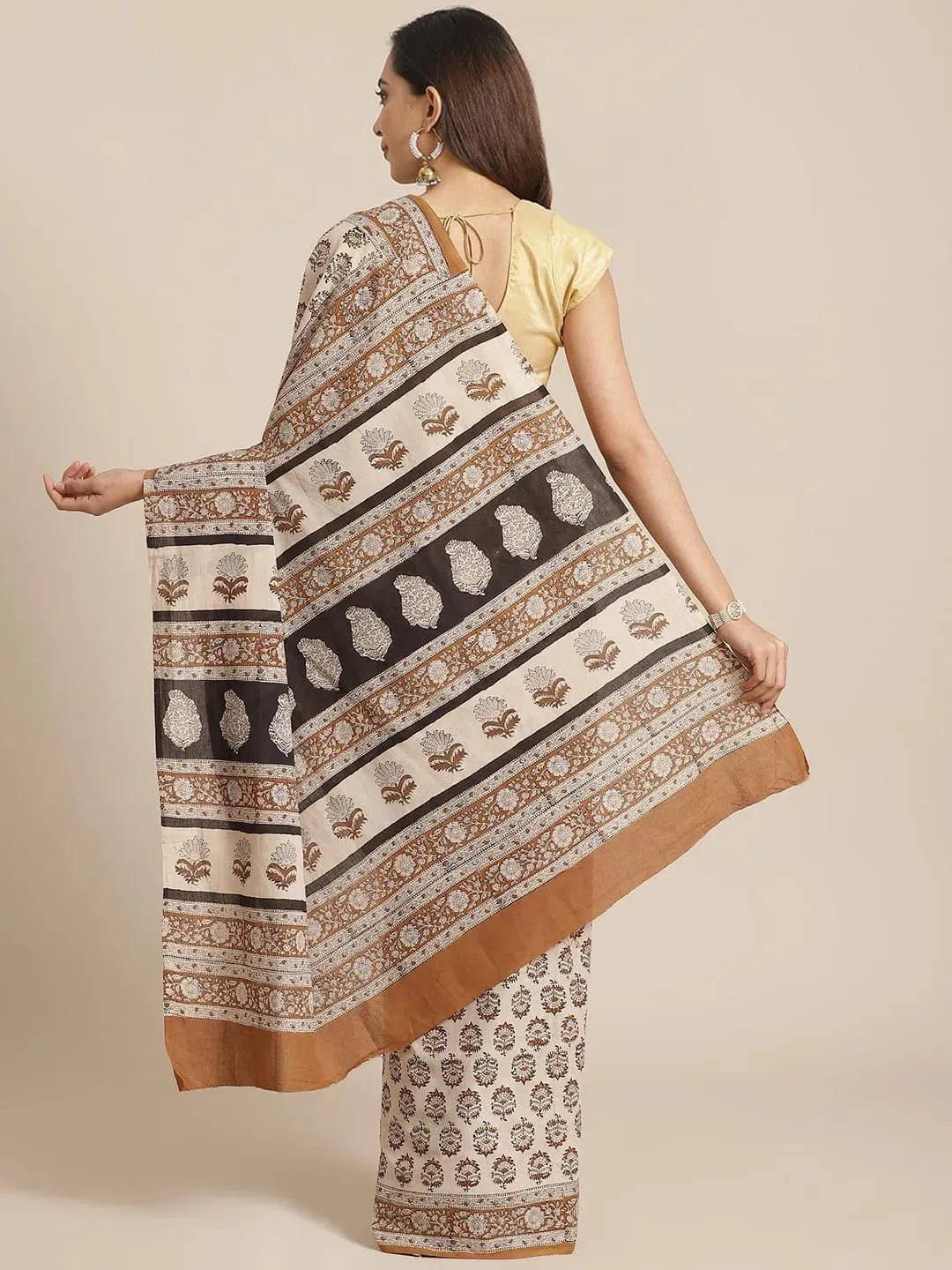 Beige Printed Cotton Saree