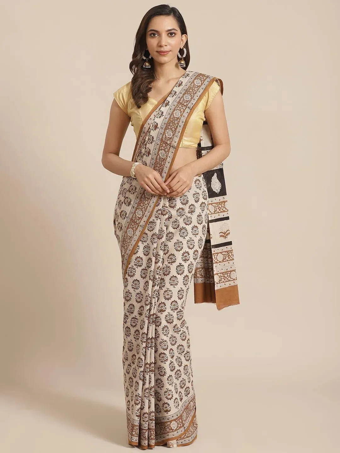 Beige Printed Cotton Saree