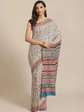 Beige Printed Cotton Saree