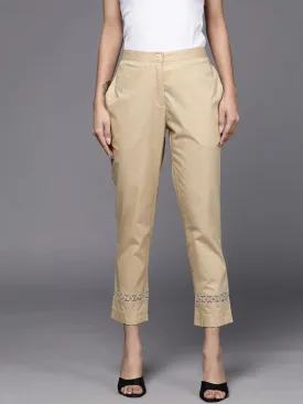 Beige Solid Cotton Trousers