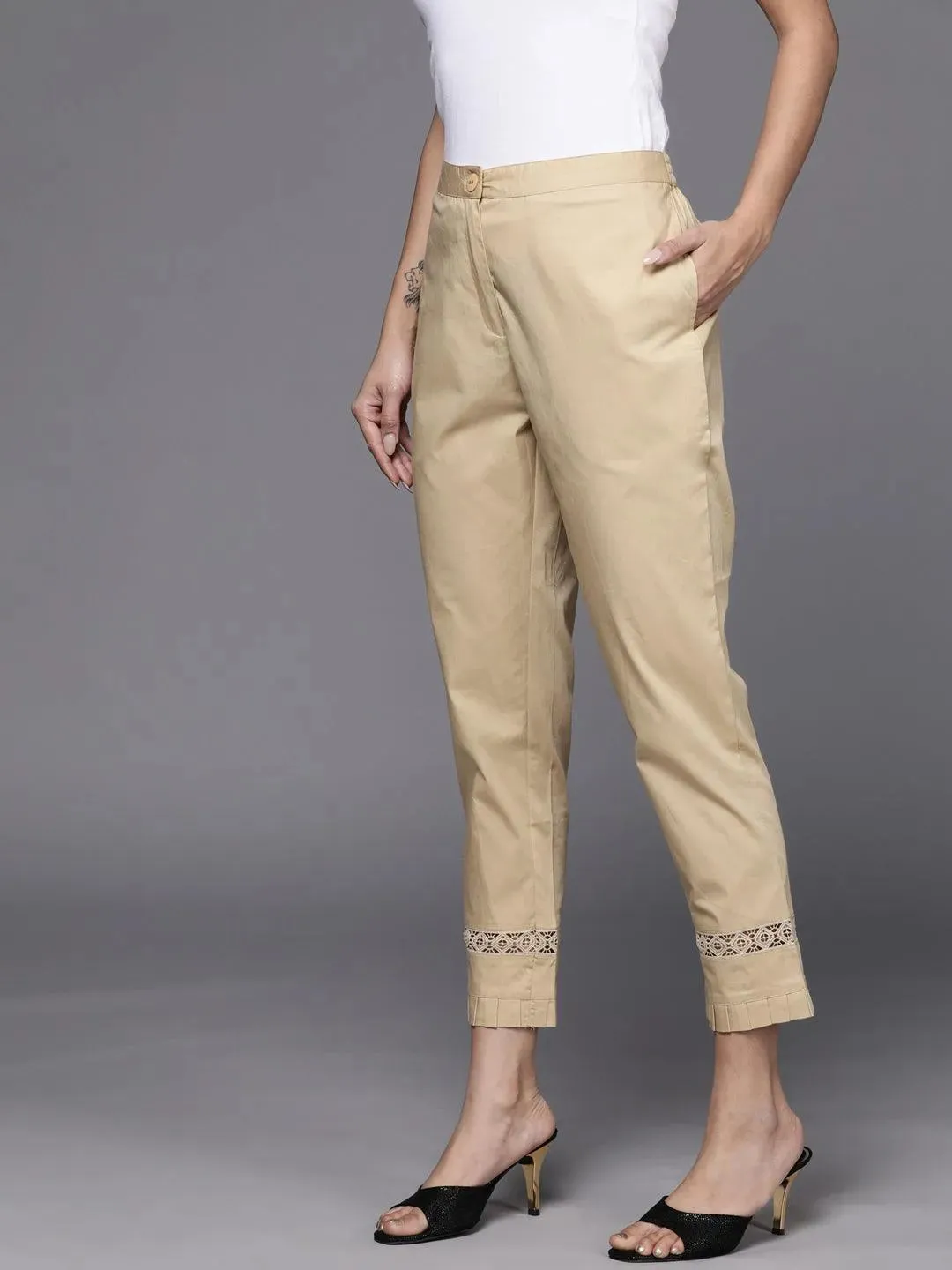 Beige Solid Cotton Trousers