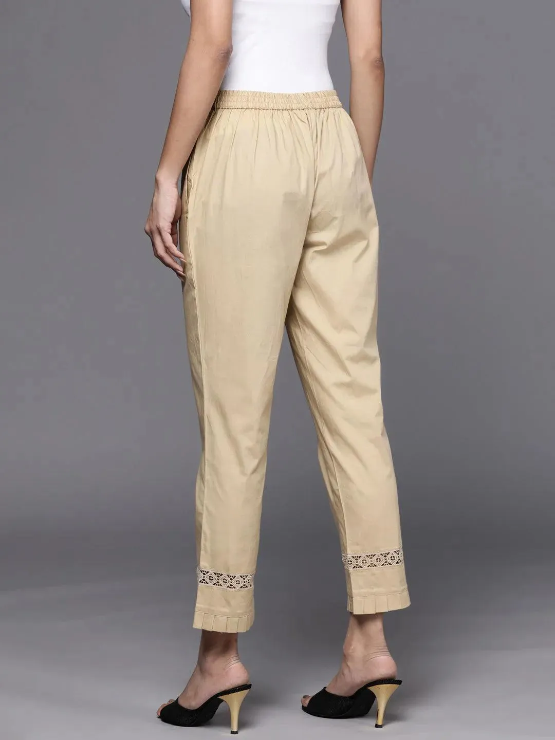 Beige Solid Cotton Trousers