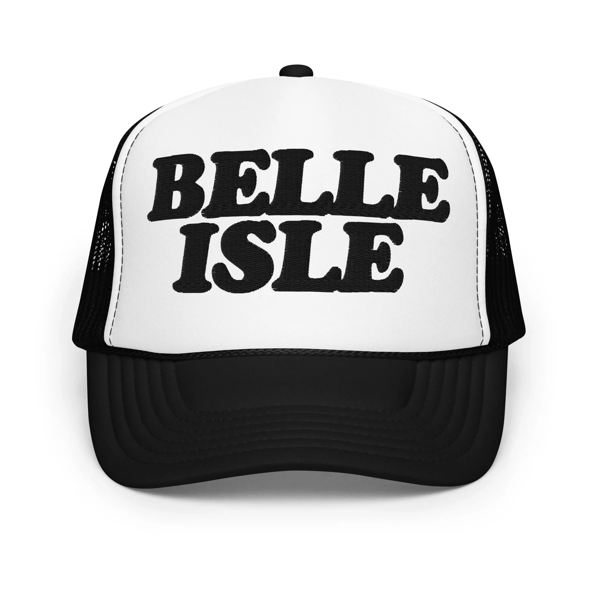 Belle Isle Foam Trucker Hat - Black and White - Embroidered with Black