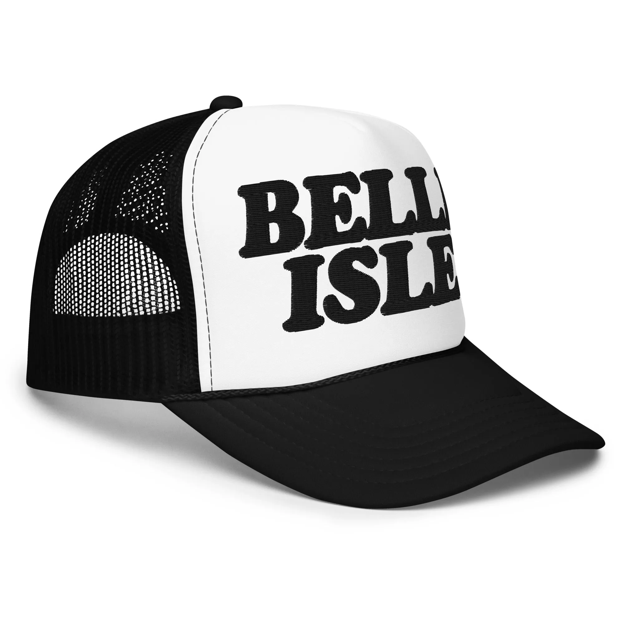 Belle Isle Foam Trucker Hat - Black and White - Embroidered with Black