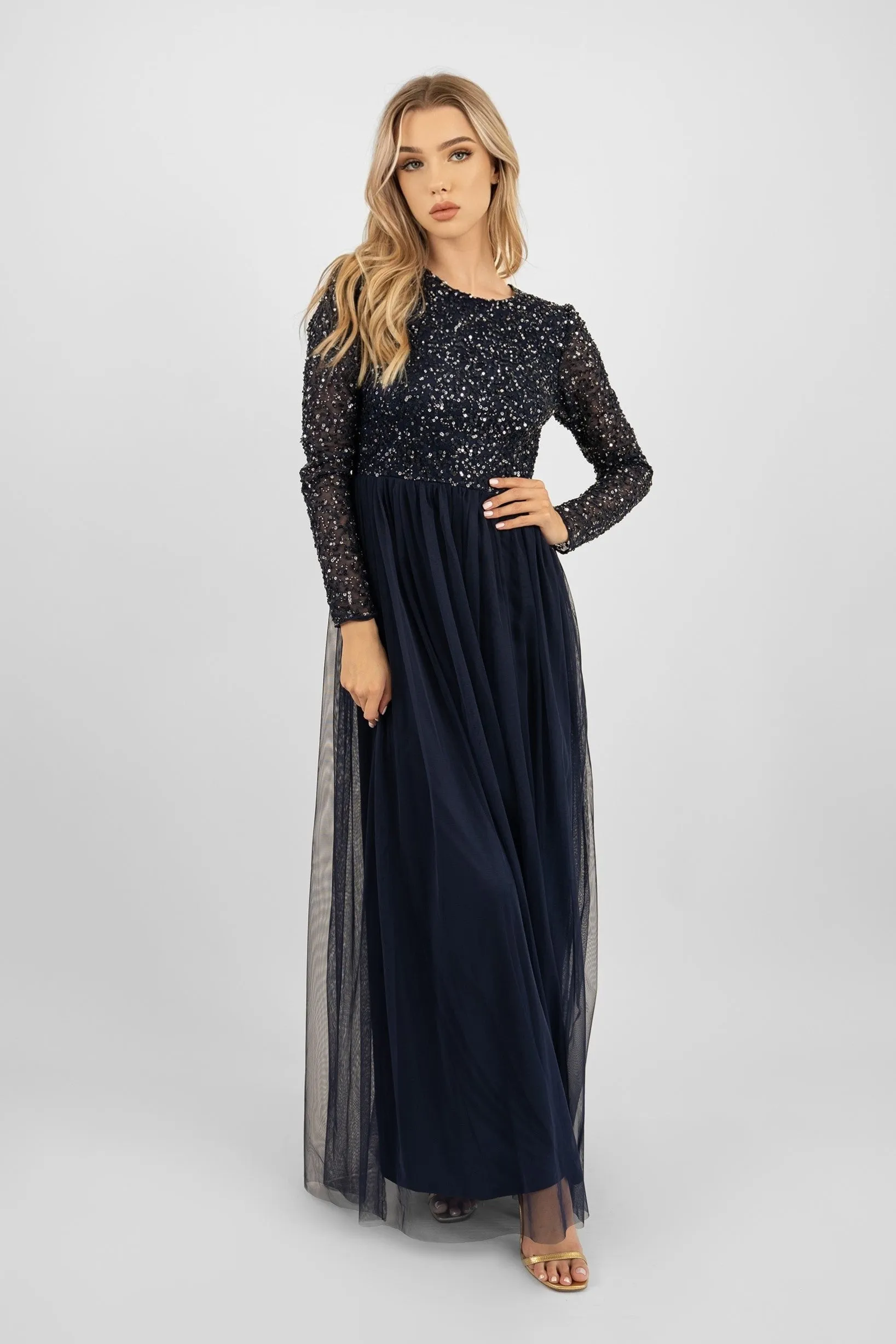 Belle Navy Blue Long Sleeve Bridesmaid Dress