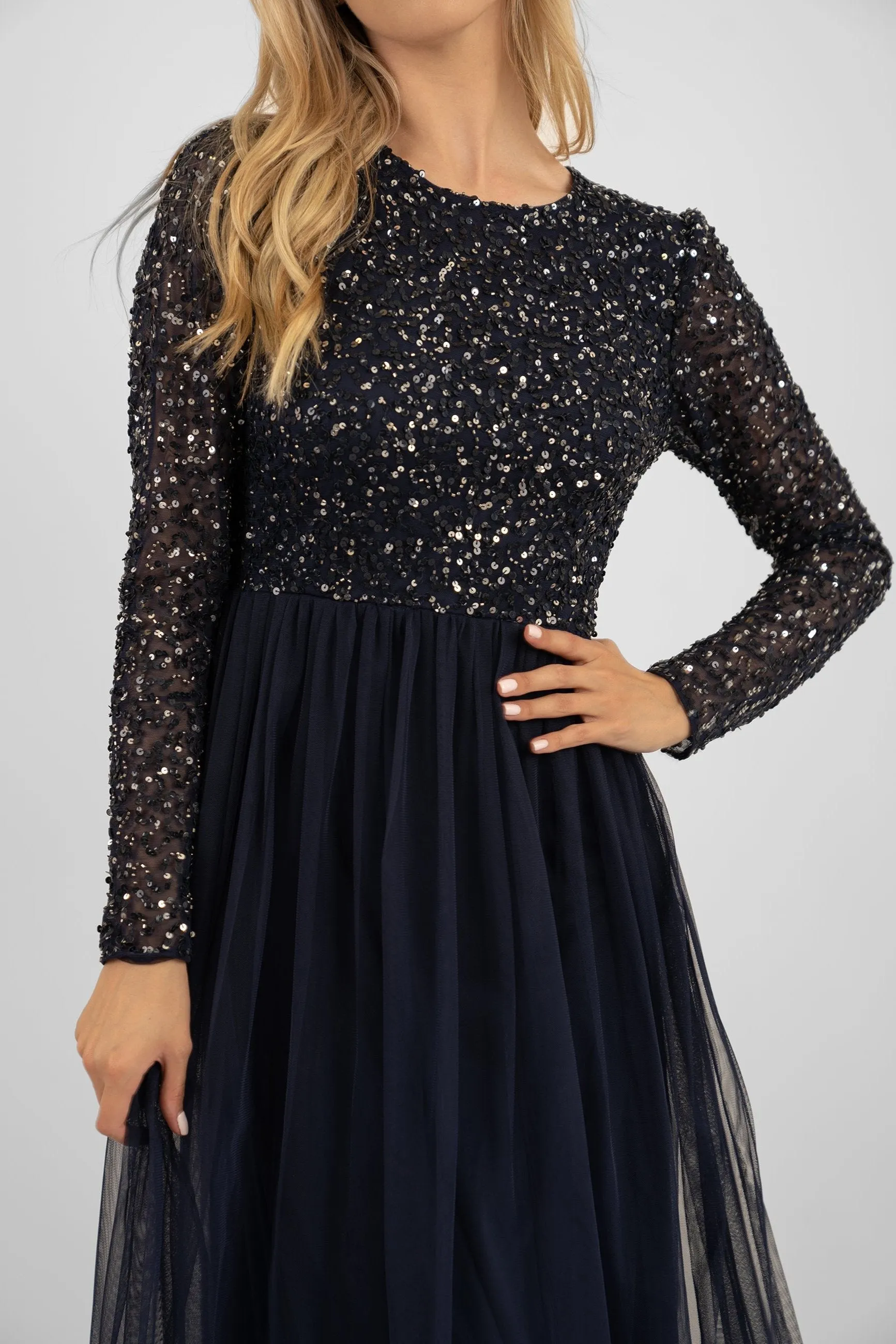 Belle Navy Blue Long Sleeve Bridesmaid Dress