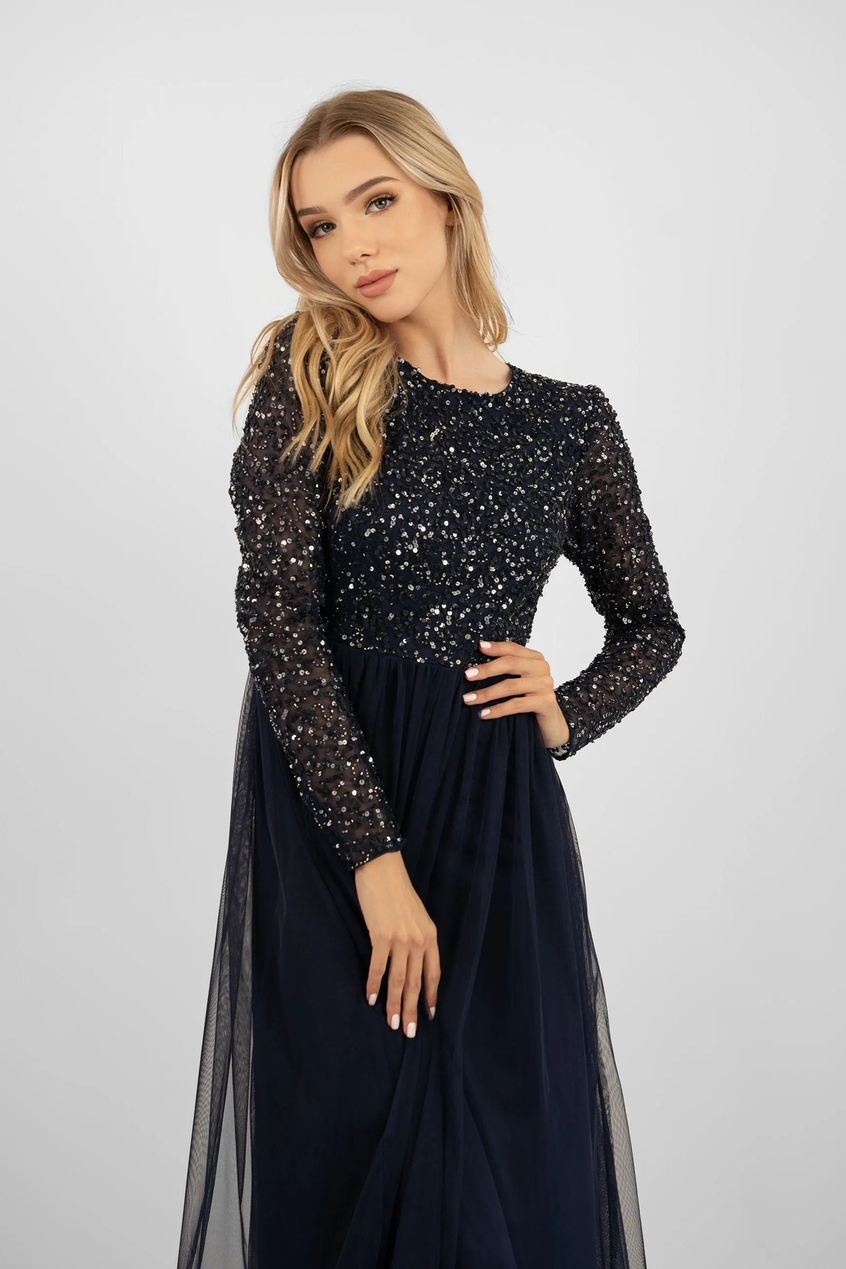 Belle Navy Blue Long Sleeve Bridesmaid Dress