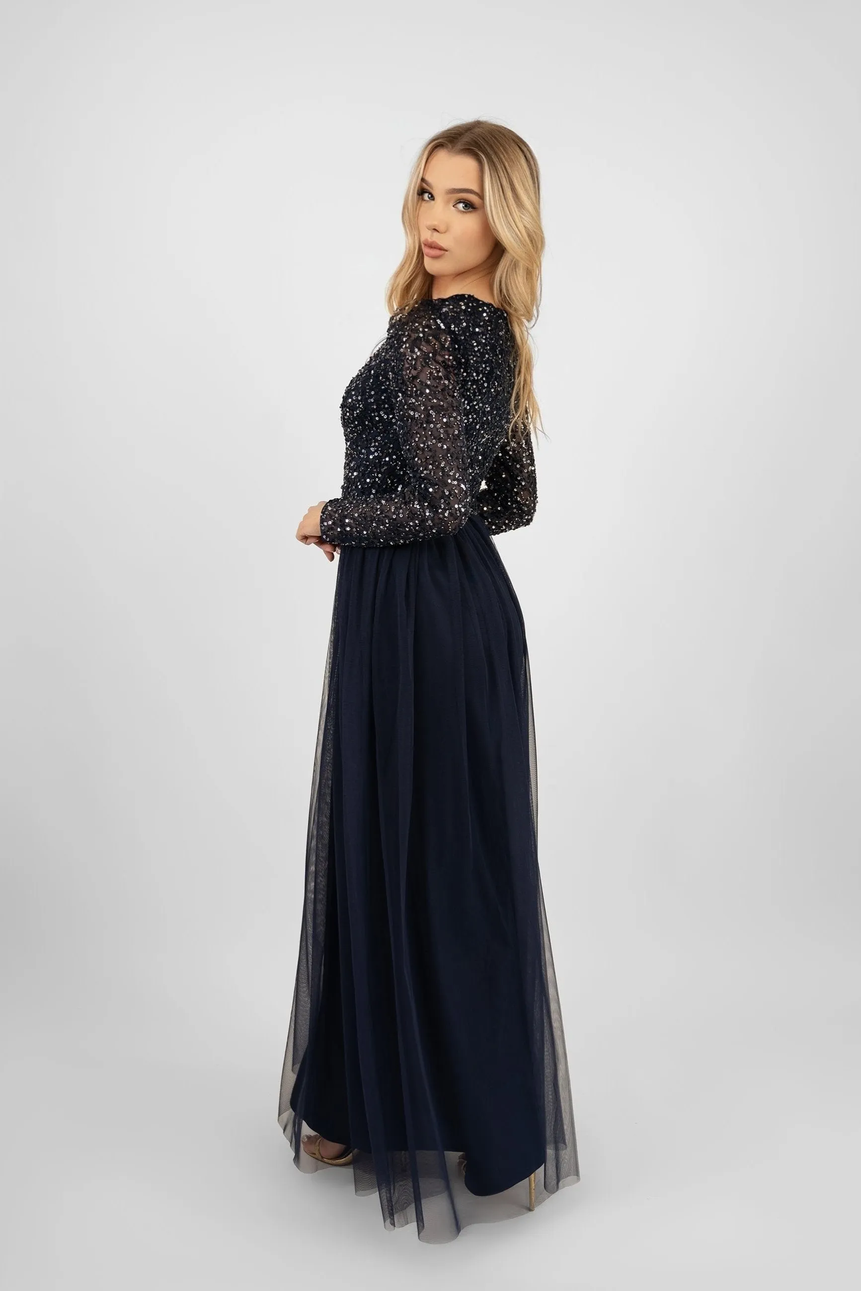 Belle Navy Blue Long Sleeve Bridesmaid Dress