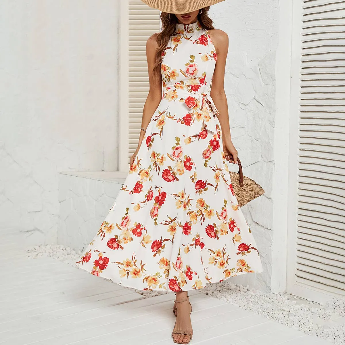 Belt-up dress with high neck and waist_CWDMD1823