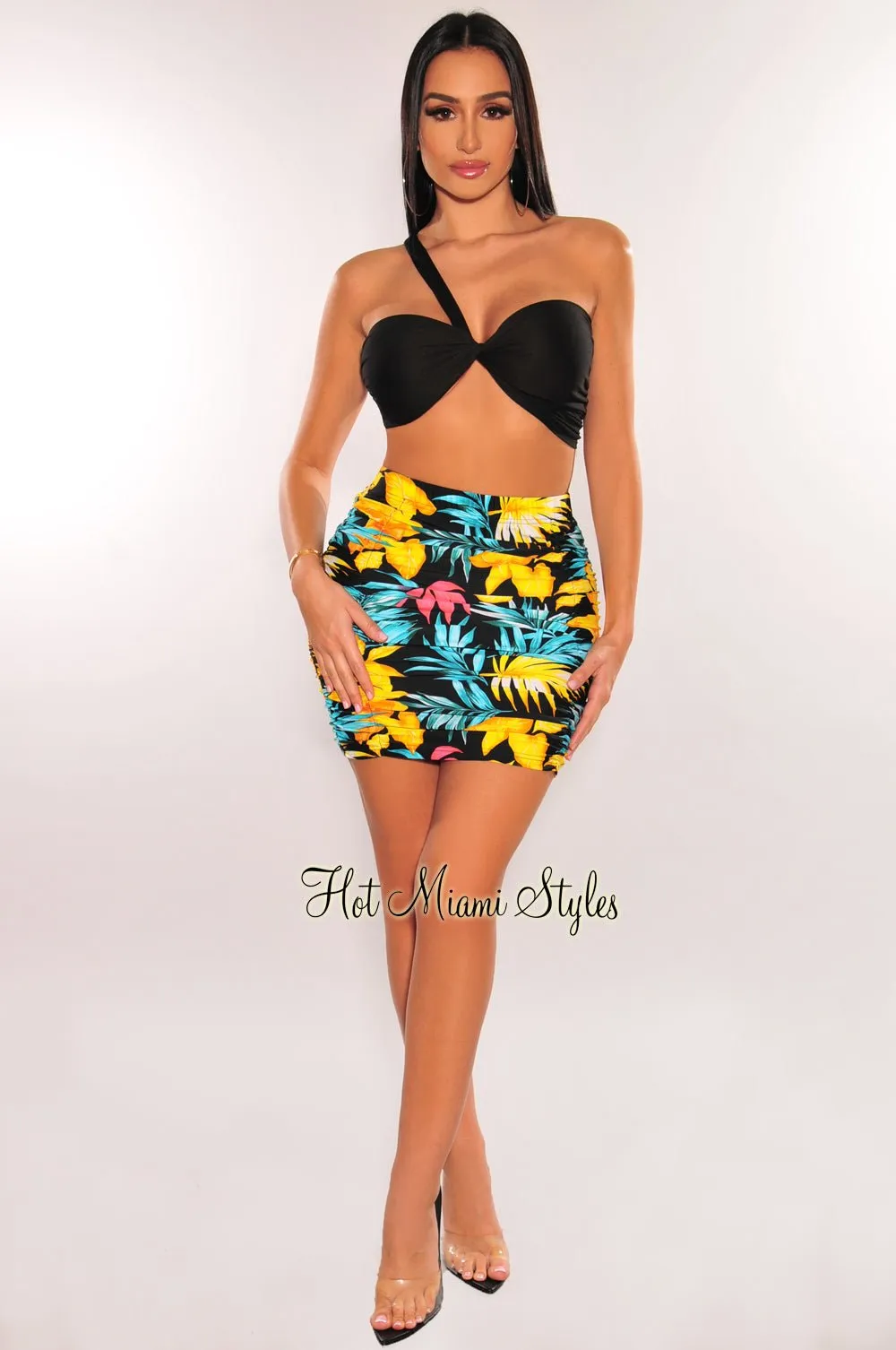 Black Floral Print High Waist Ruched Cover Up Skirt