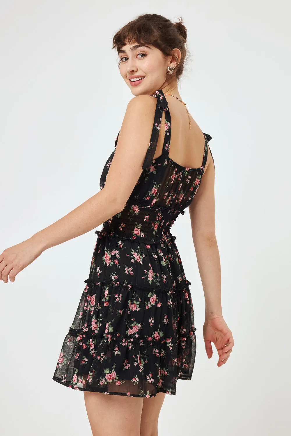 Black Floral Tie Shoulder Chiffon Dress