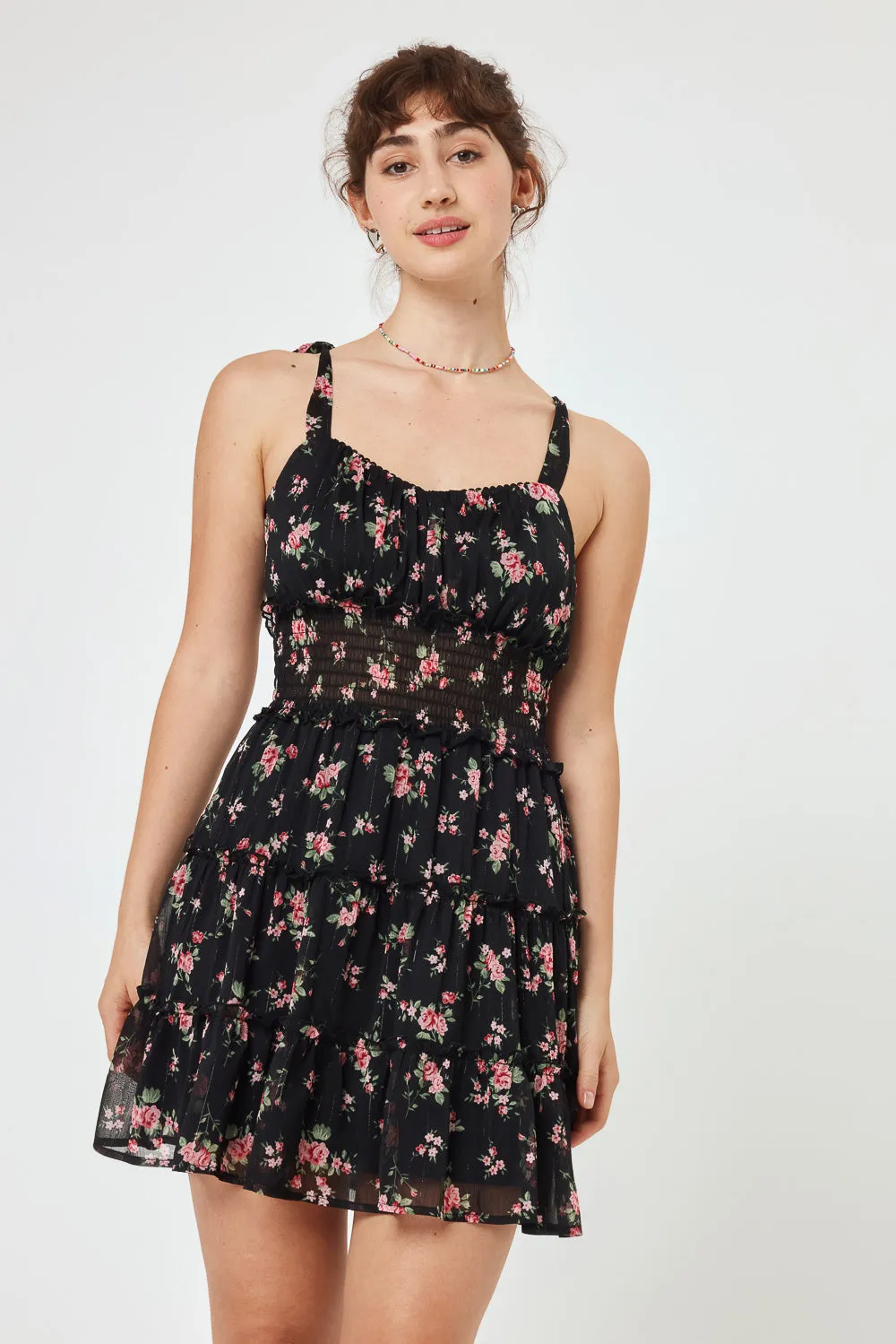 Black Floral Tie Shoulder Chiffon Dress