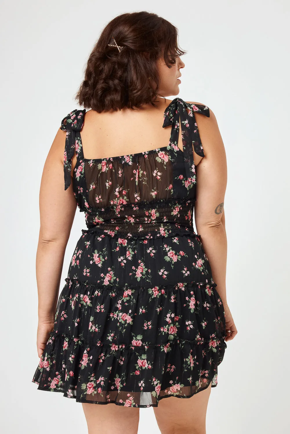 Black Floral Tie Shoulder Chiffon Dress