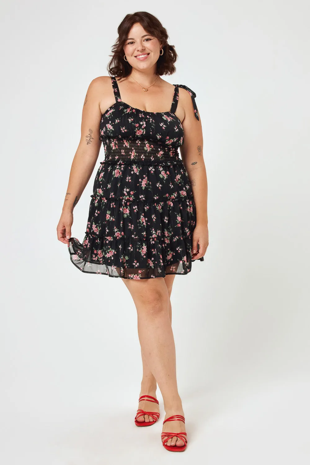 Black Floral Tie Shoulder Chiffon Dress