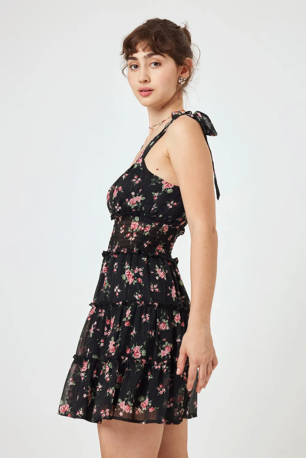 Black Floral Tie Shoulder Chiffon Dress