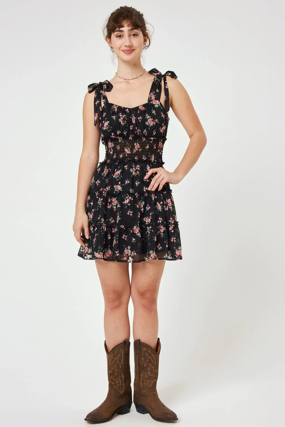 Black Floral Tie Shoulder Chiffon Dress