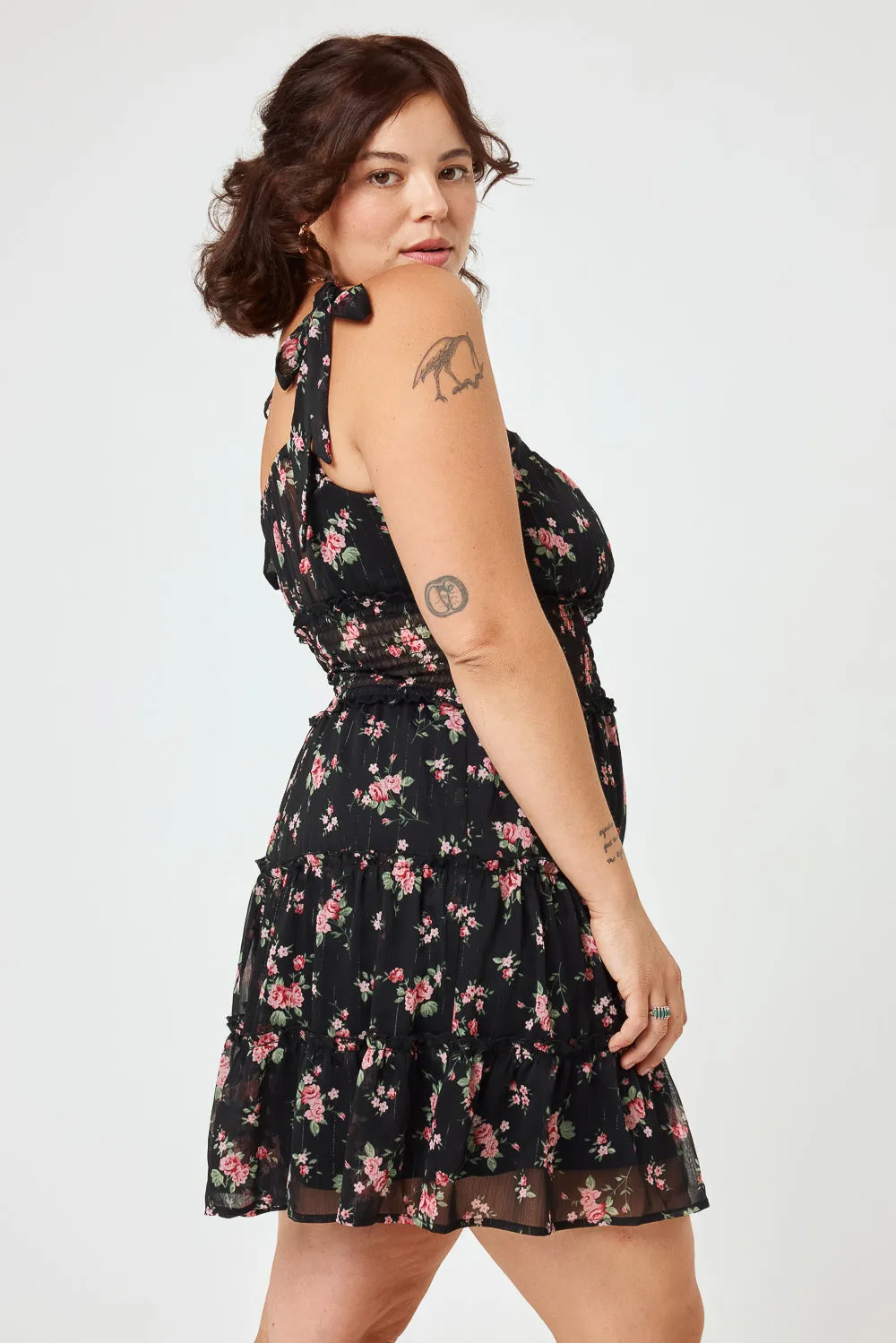 Black Floral Tie Shoulder Chiffon Dress