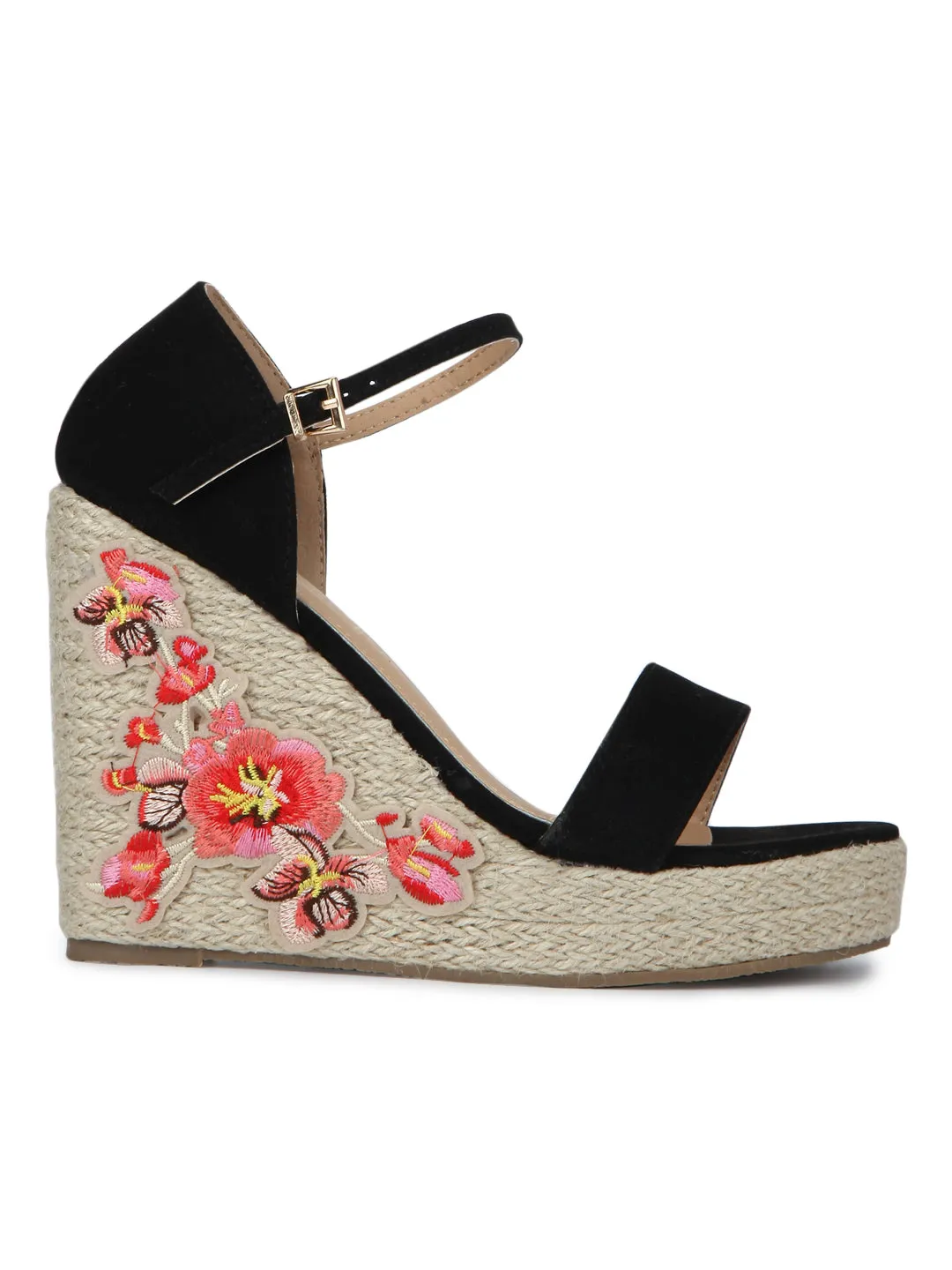 Black Micro Embroidred Ankle Strap Wedges