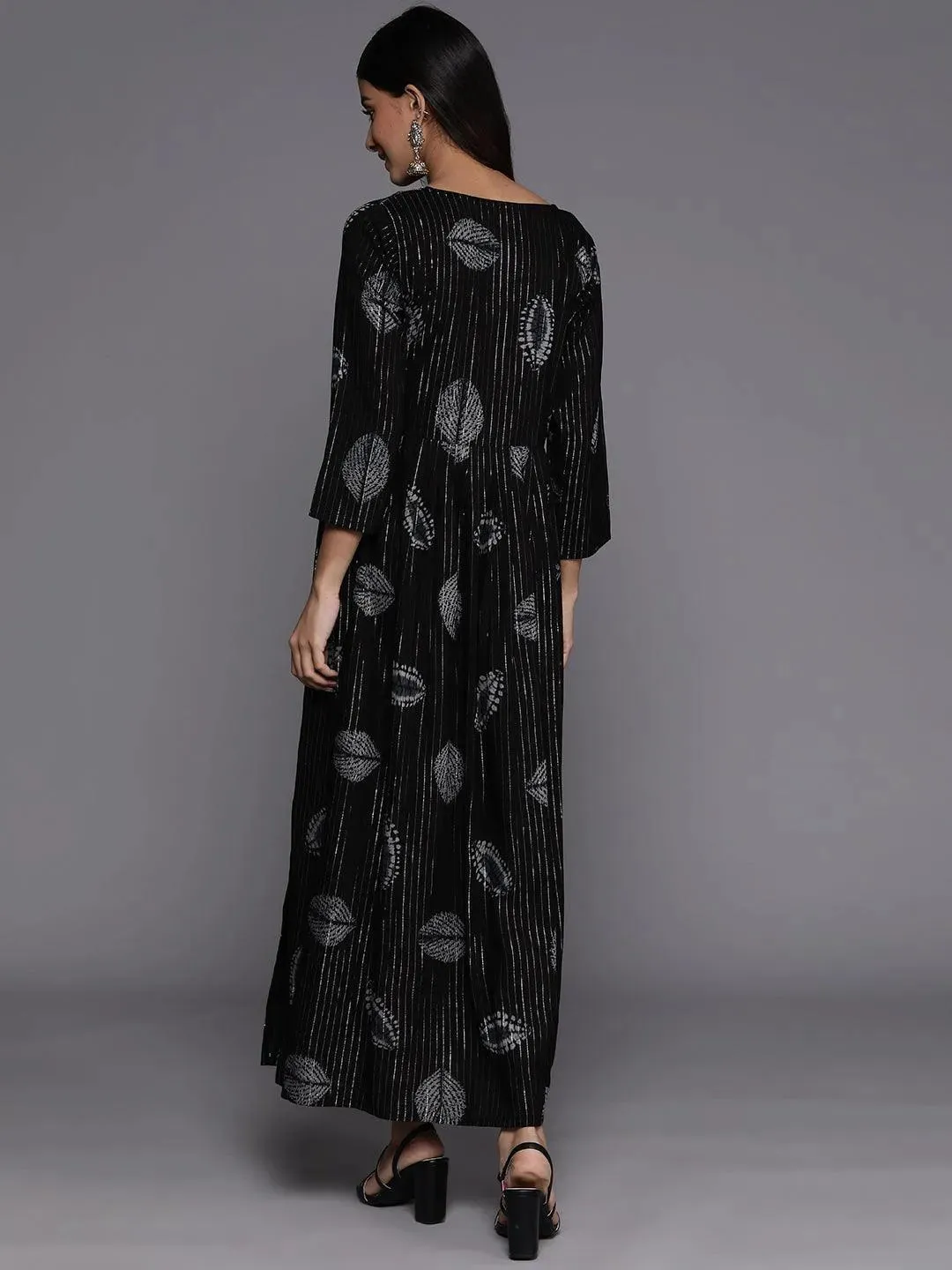 Black Printed Fit and Flare Rayon Dress