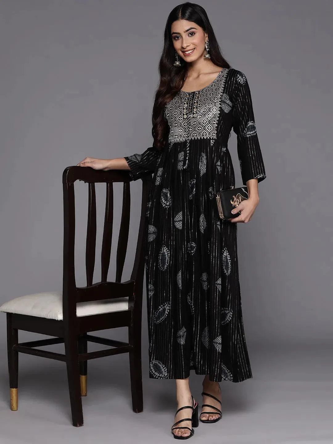 Black Printed Fit and Flare Rayon Dress