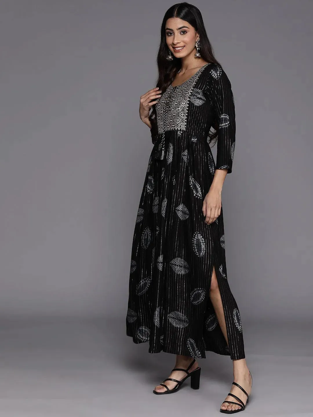 Black Printed Fit and Flare Rayon Dress