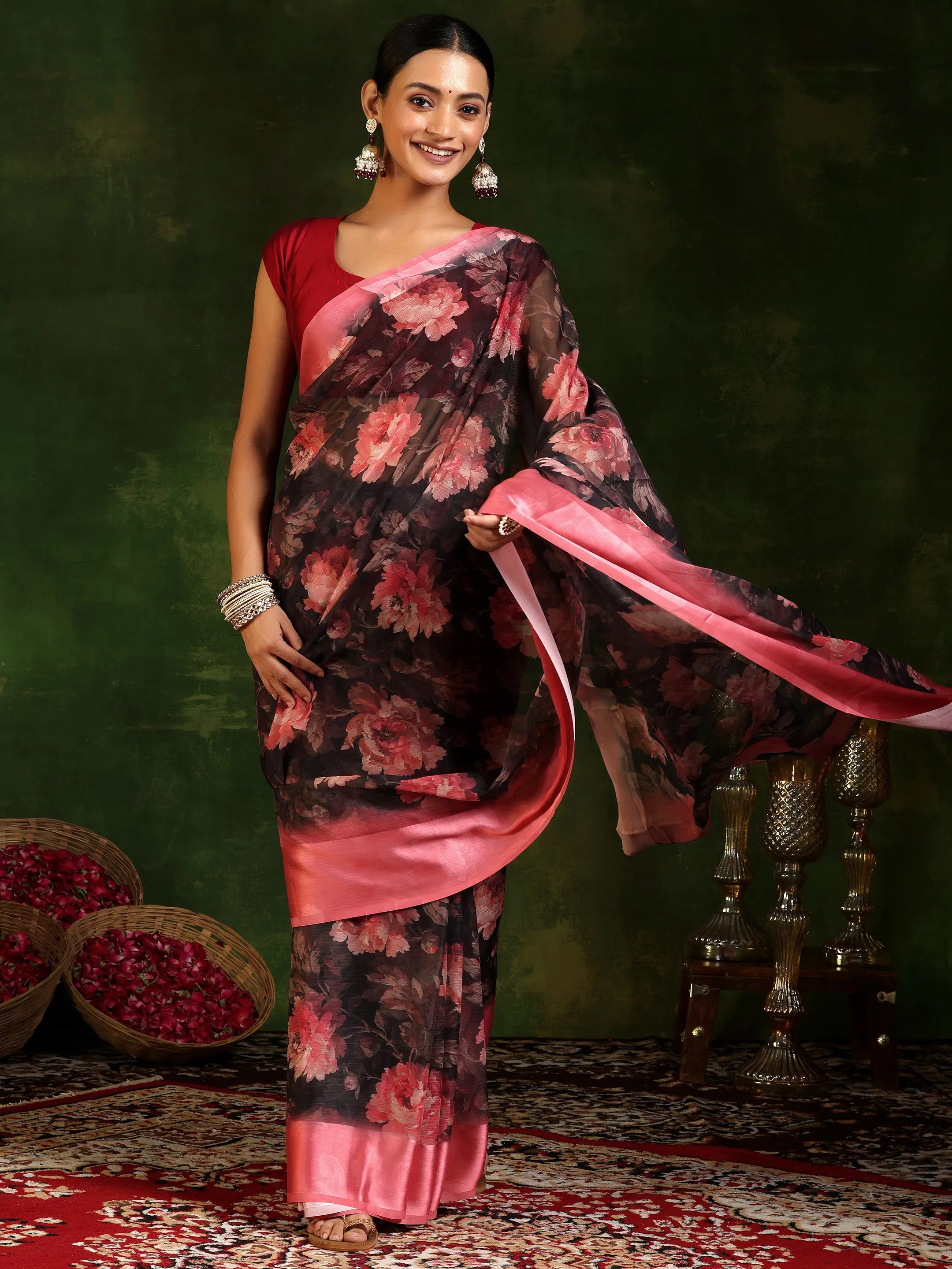 Black Printed Poly Chiffon Saree With Unstitched Blouse Piece