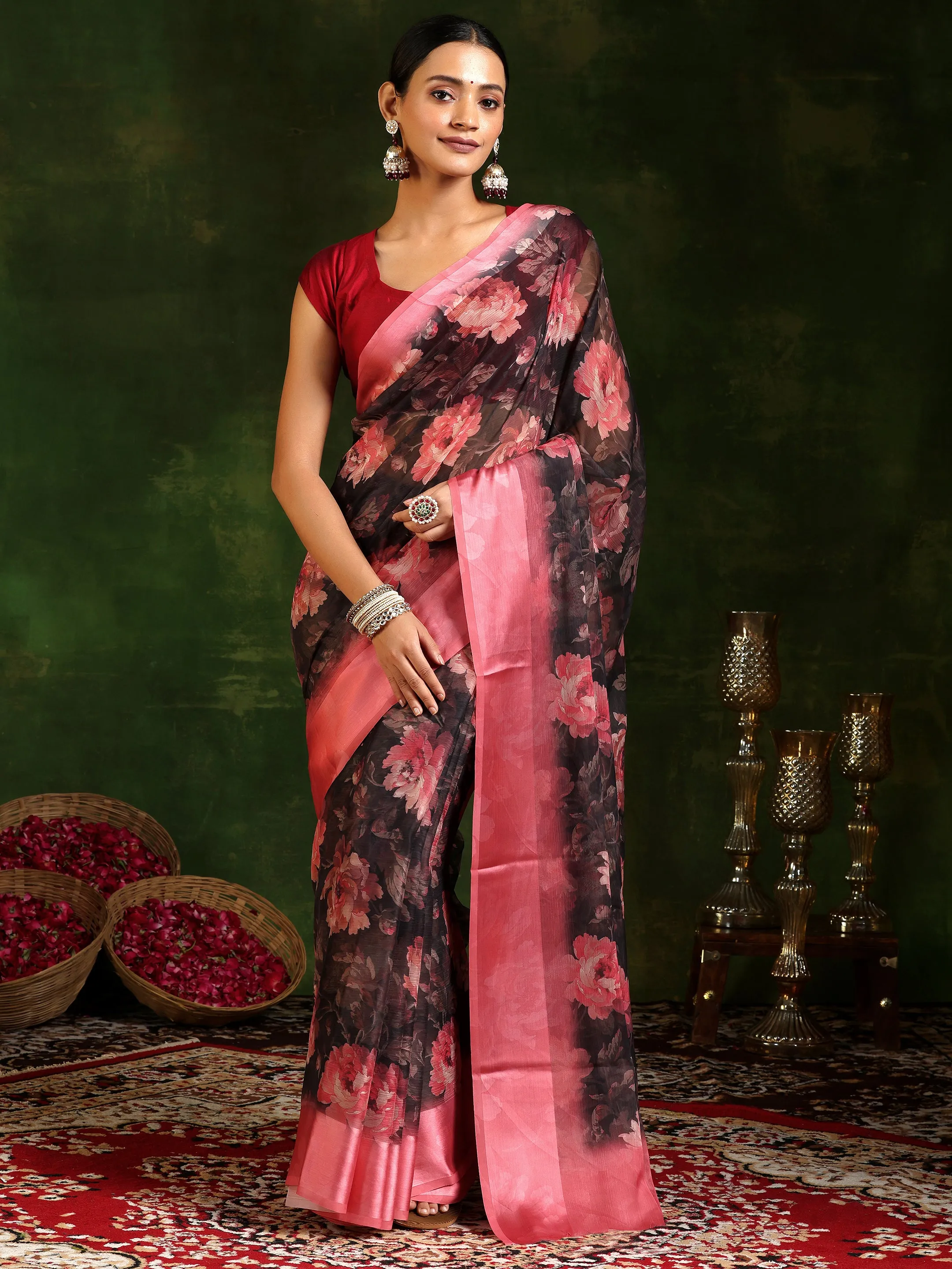 Black Printed Poly Chiffon Saree With Unstitched Blouse Piece