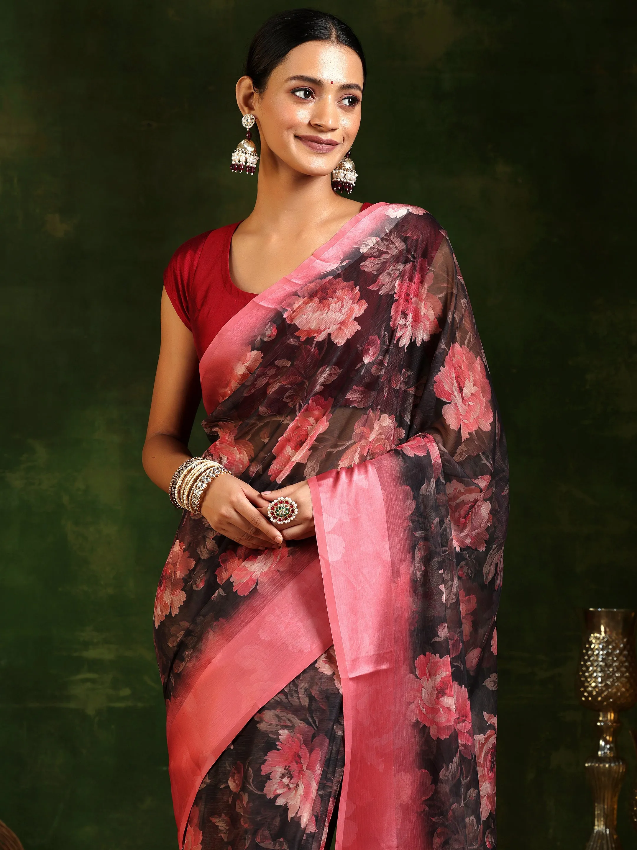 Black Printed Poly Chiffon Saree With Unstitched Blouse Piece