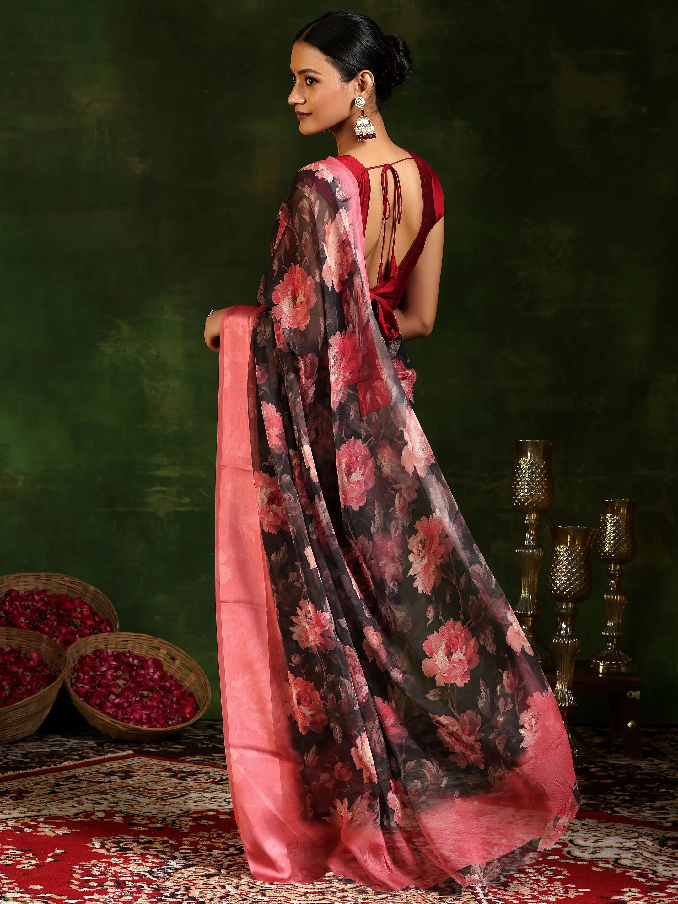 Black Printed Poly Chiffon Saree With Unstitched Blouse Piece