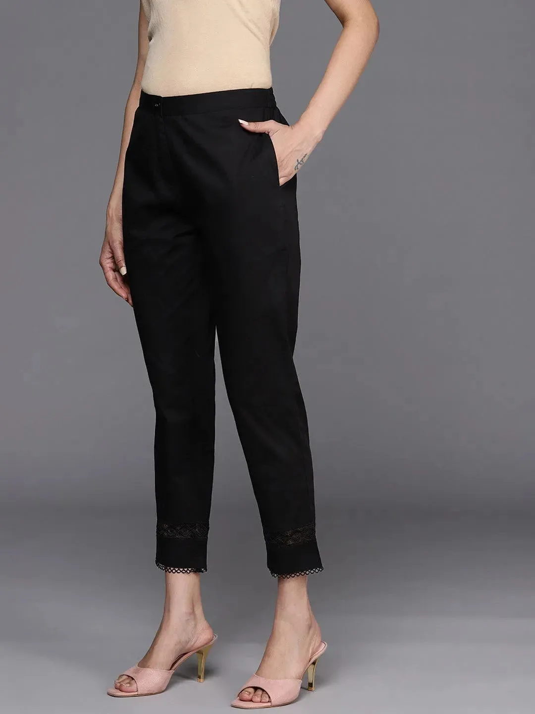 Black Solid Cotton Trousers