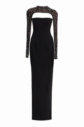 BLACK STRAIGHT MAXI DRESS WITH STONES EMBELLISHMENTS