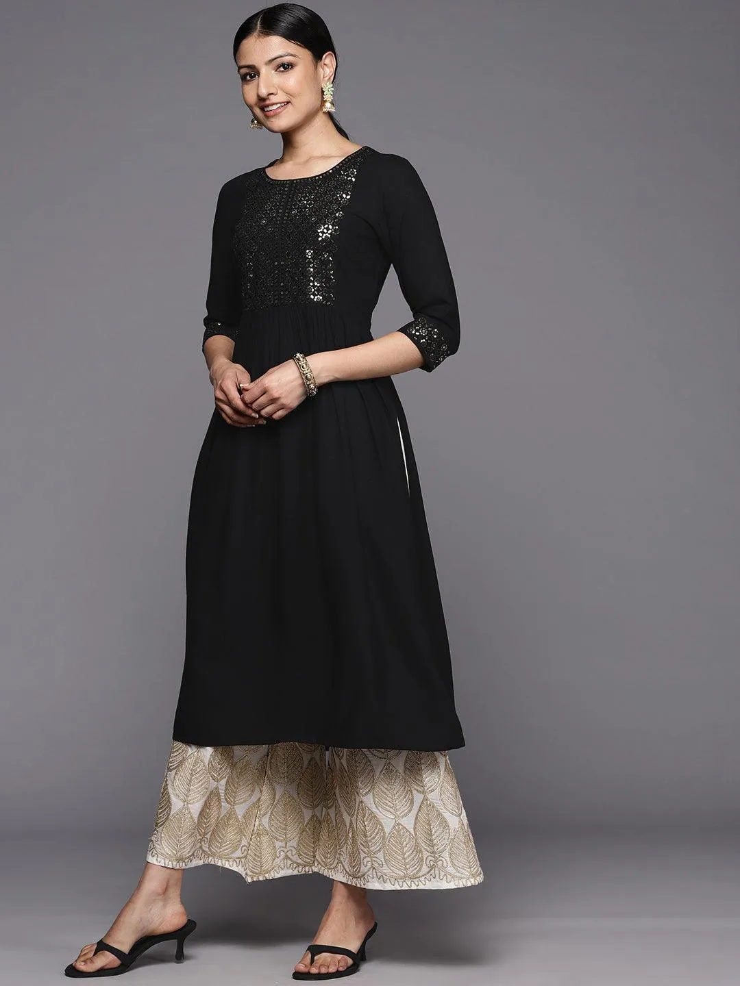 Black Yoke Design Rayon A-Line Kurta