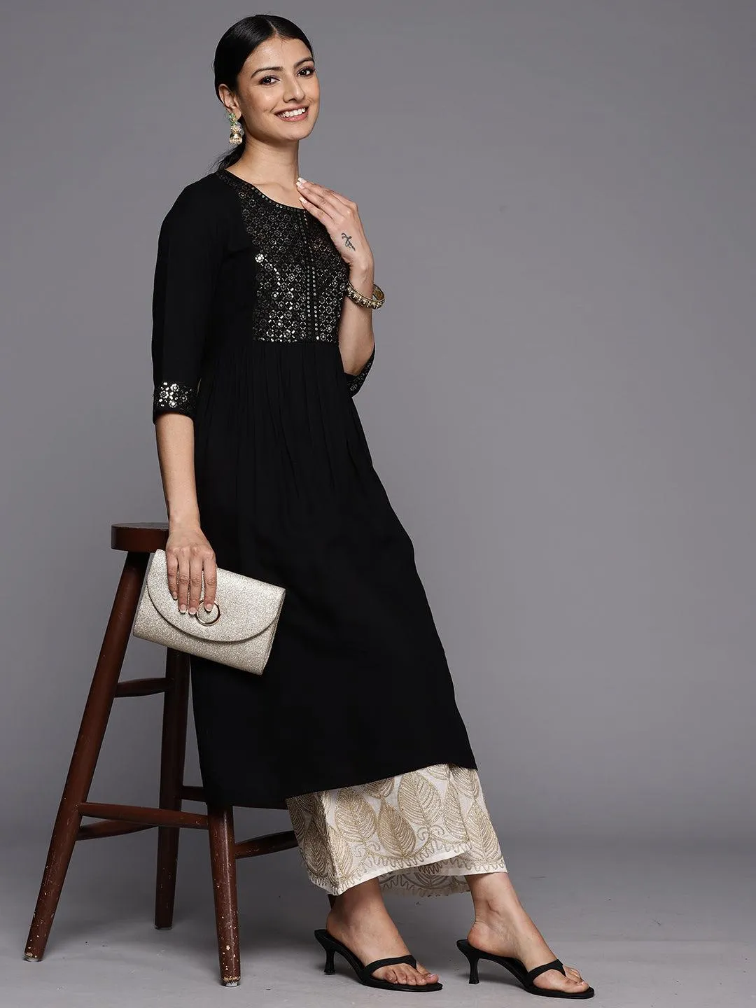 Black Yoke Design Rayon A-Line Kurta