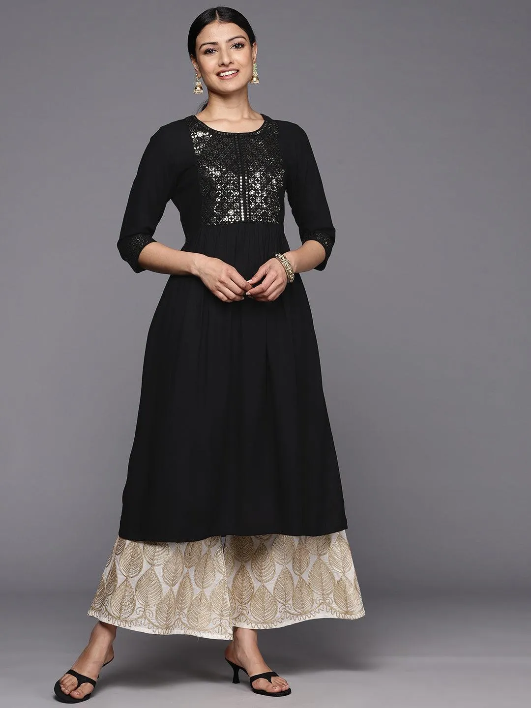 Black Yoke Design Rayon A-Line Kurta