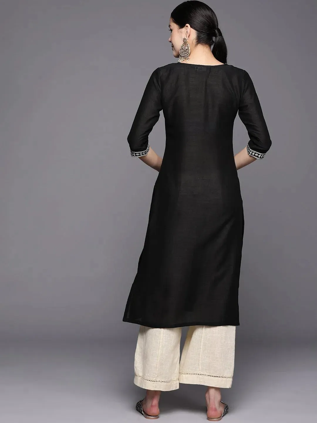 Black Yoke Design Silk Straight Kurta