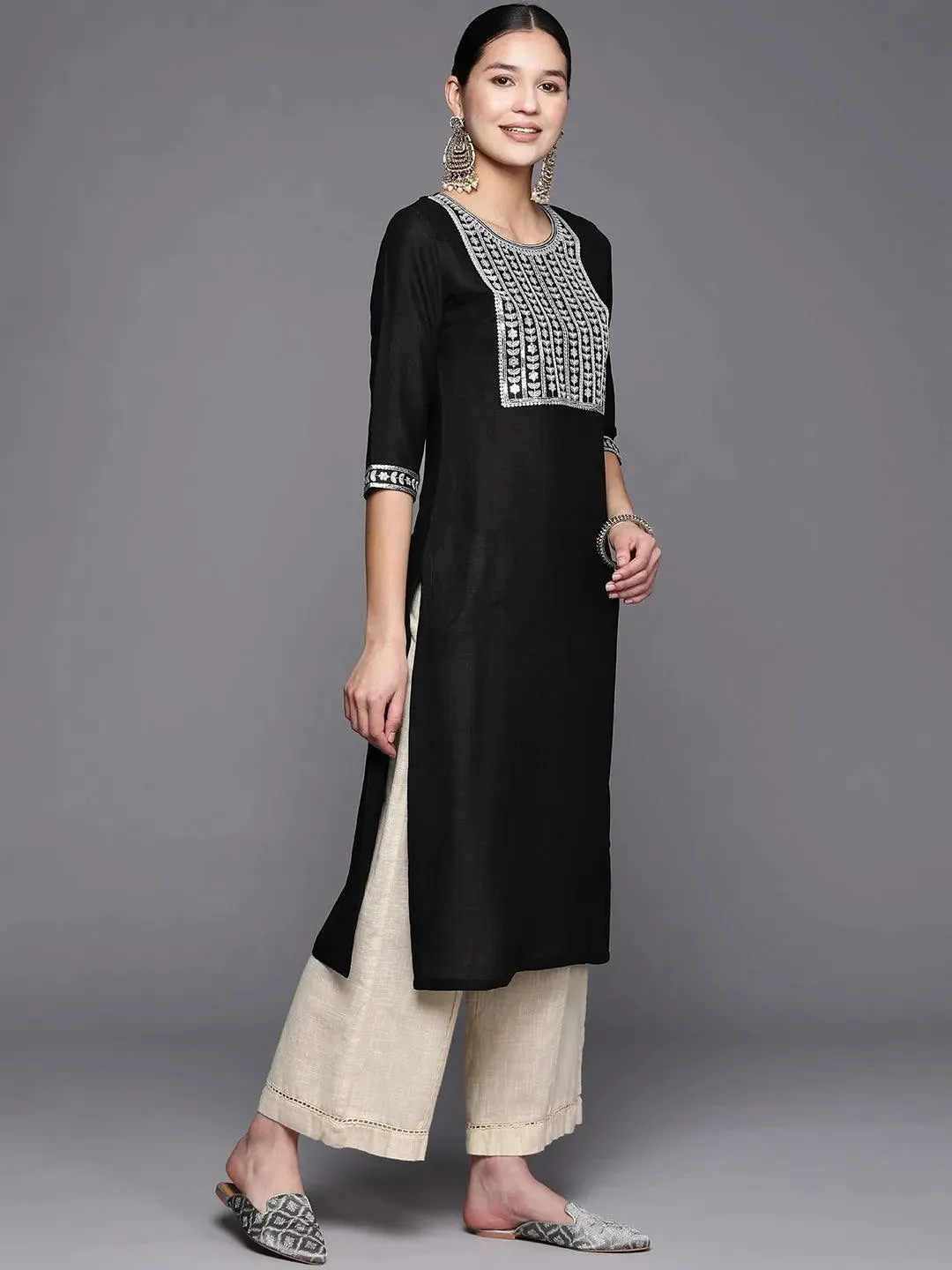 Black Yoke Design Silk Straight Kurta