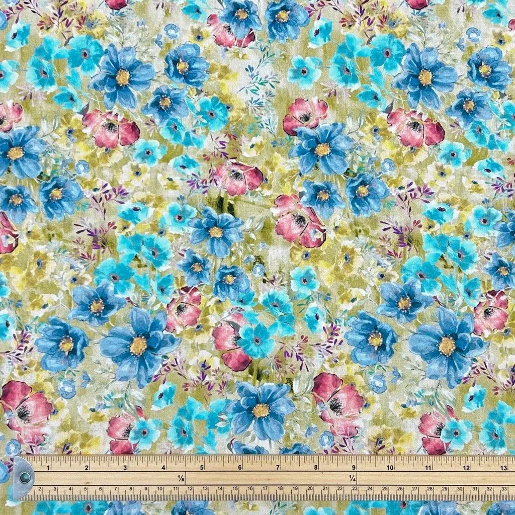 Blue and Pink Garden Viscose Challis Fabric