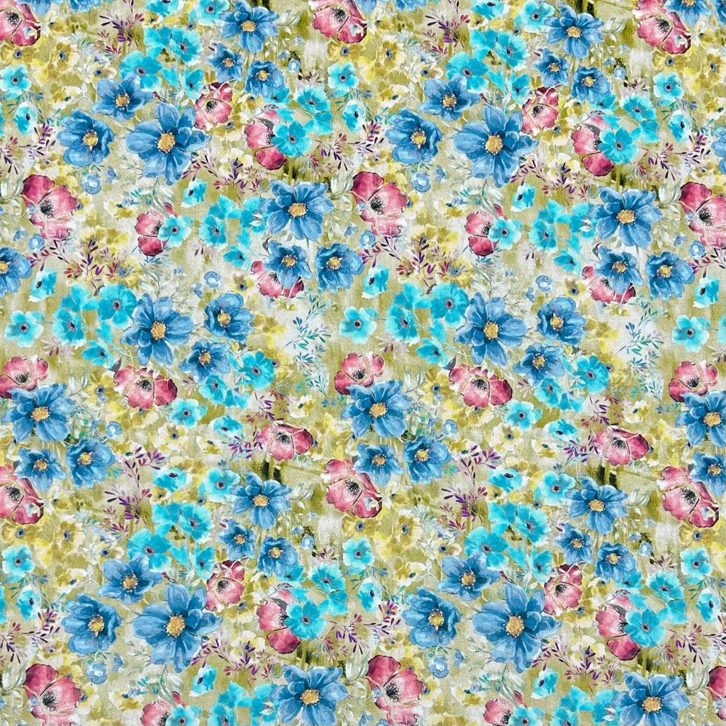 Blue and Pink Garden Viscose Challis Fabric