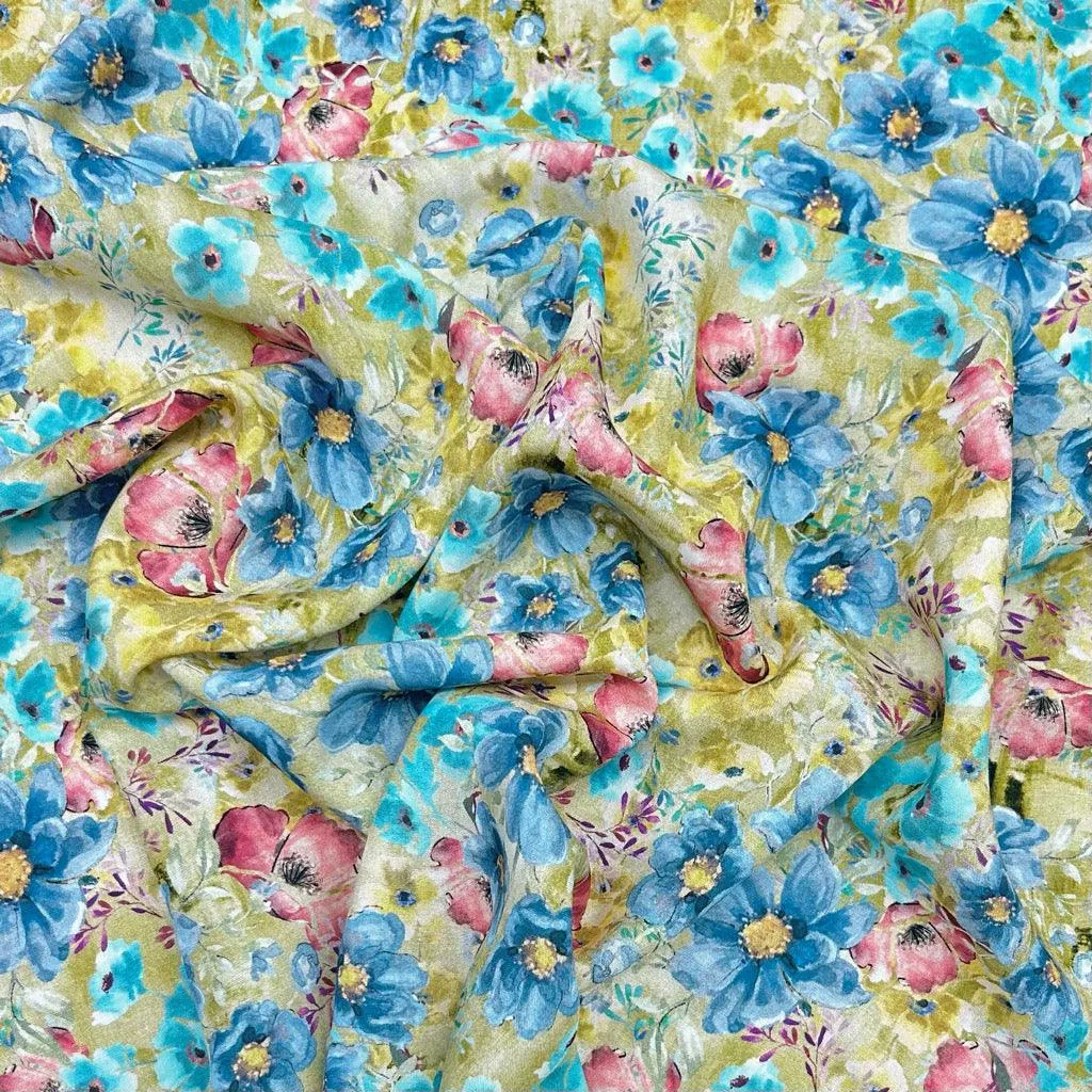 Blue and Pink Garden Viscose Challis Fabric