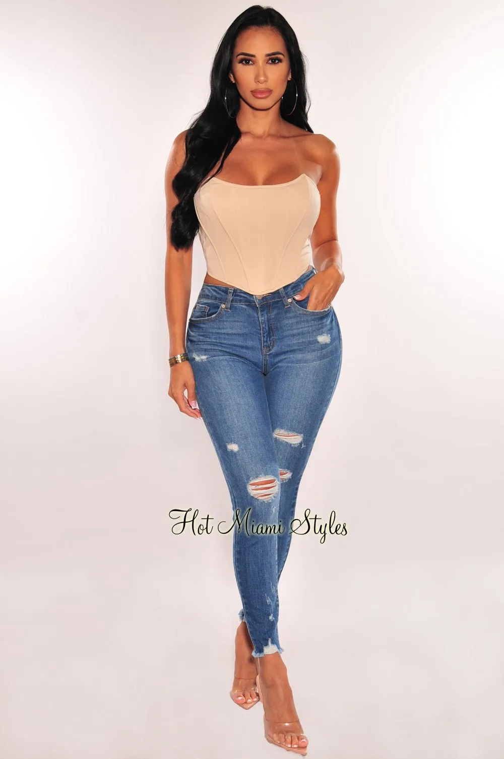 Blue Denim High Waist Distressed Skinny Frayed Hem Ankle Jeans