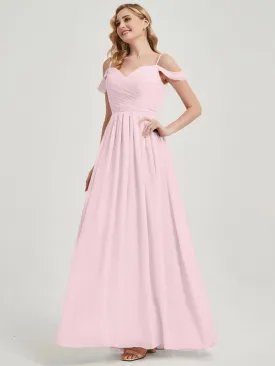 Blush Cold Shoulder Spaghetti Straps Pleated Chiffon Bridesmaid Dress