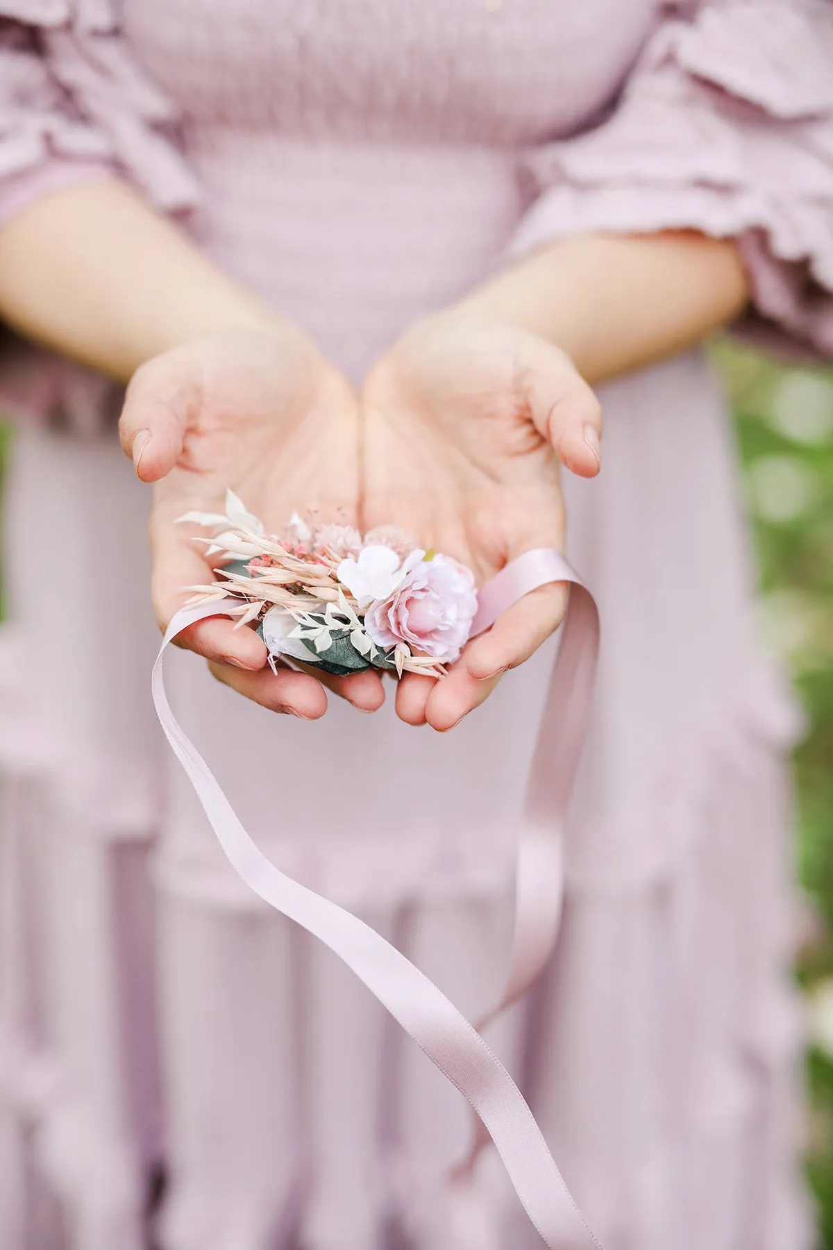 Blush flower bracelet Bridesmaid gift Matching bracelets Romantic wrist corsage Magaela Wedding accessories Customisable bridal wrist flowers