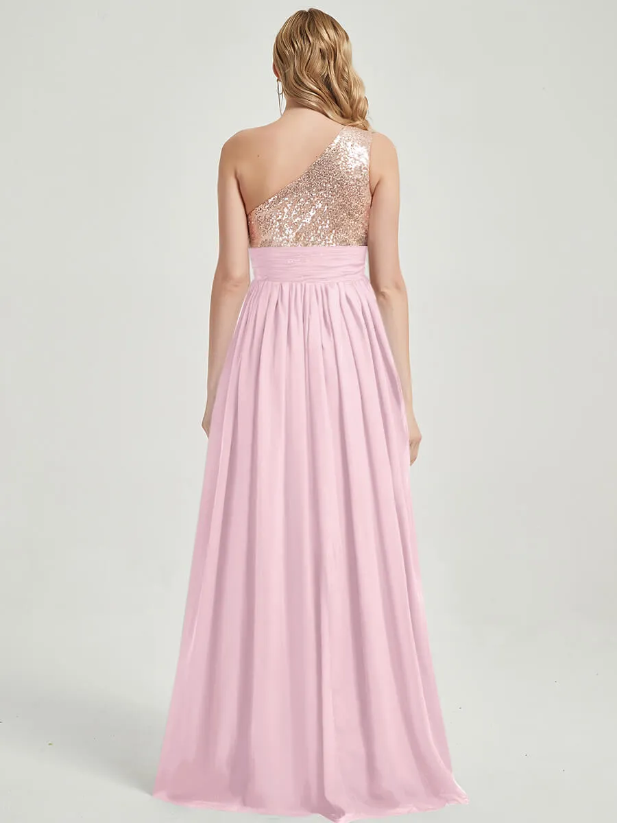 Blush One-Shoulder Sleeveless Chiffon Sequin Maxi Bridesmaid Dress