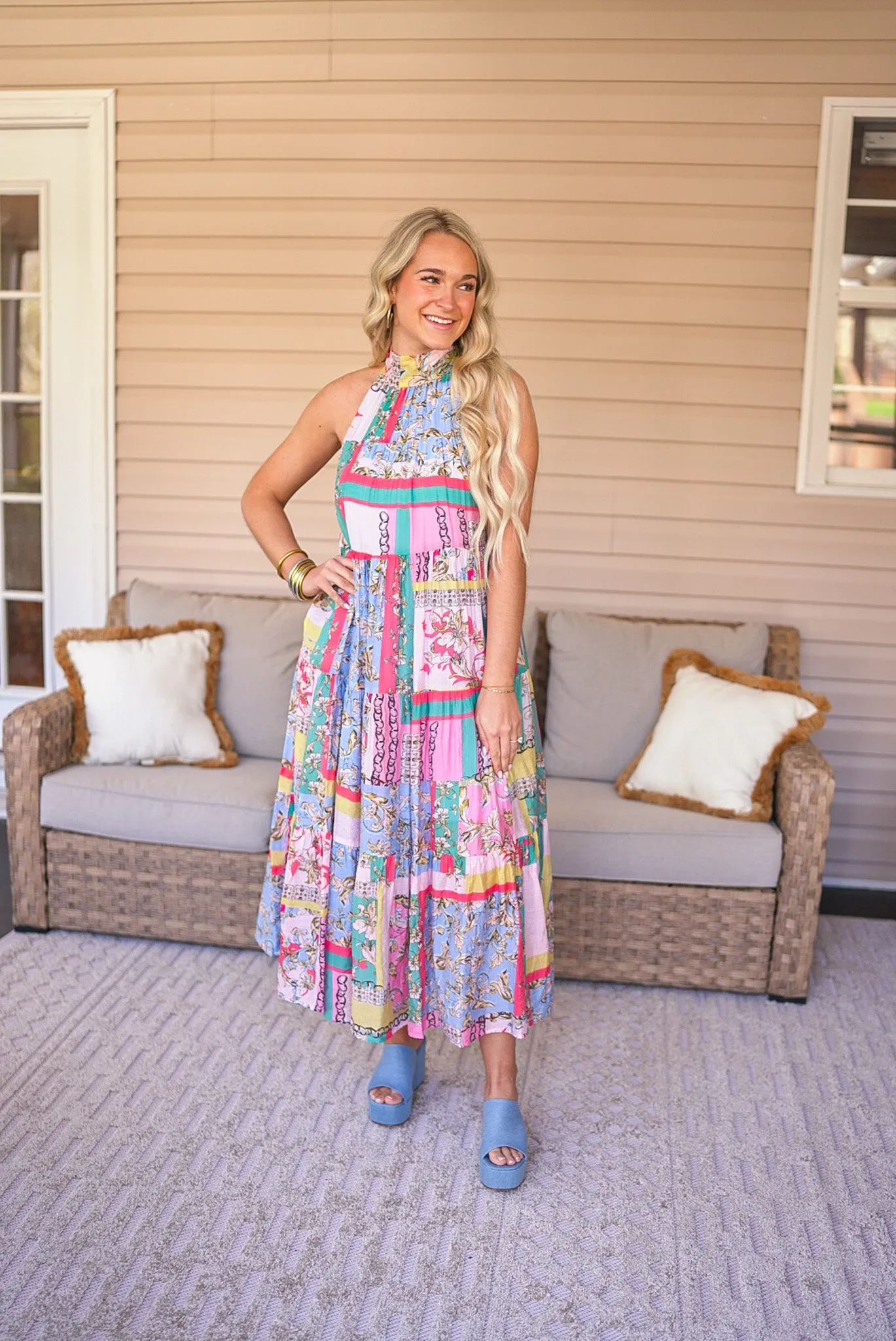 Boho Print Pink Midi Dress