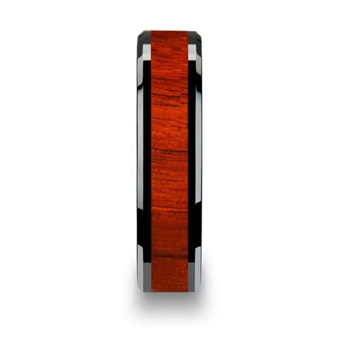 BOSULU | Black Ceramic Ring, Real Padauk Wood Inlay, Beveled