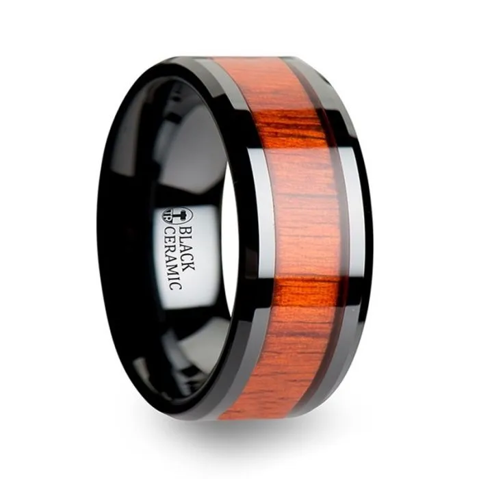 BOSULU | Black Ceramic Ring, Real Padauk Wood Inlay, Beveled