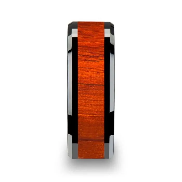 BOSULU | Black Ceramic Ring, Real Padauk Wood Inlay, Beveled