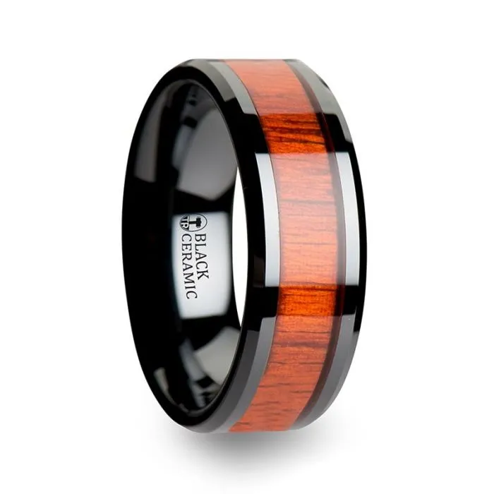 BOSULU | Black Ceramic Ring, Real Padauk Wood Inlay, Beveled